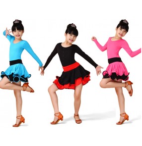 Girls kids child child baby fuchsia black blue long sleeves exercises competition latin dance dresses