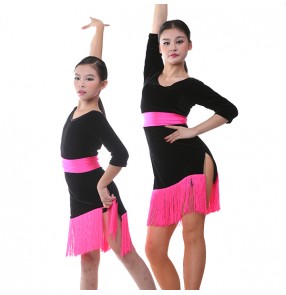 Girls kids child children baby black and fuchsia patchwork velvet long sleeves fringe side split  salsa samba competition latin dance dresses