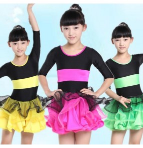 Girls kids child children baby fuchsia green yellow striped patchwork short sleeves professional competition latin ballroom dance dresses