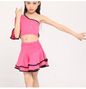 Girls kids child children baby gold yellow fuchsia rhinestones one shoulder sleeves latin dance dresses set top and skirt