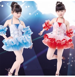 Girls kids child children baby lace fuchsia red sky blue sleeveless stage performance modern dance ballet tutu skirt dance wear party prince dance costumes