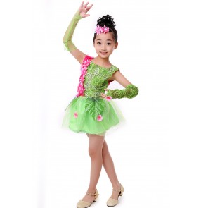 Girls kids child children baby light green fuchsia flower with gloves paillette sequins exercises stage performance modern dance jazz dance costumes dresses dance wear 