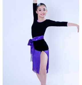 Girls kids child children baby long sleeves fringe side split round neck competition samba ballroom latin dance dresses