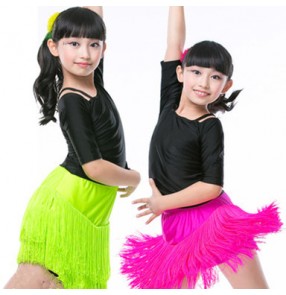 Girls kids child children baby middle long sleeves patchwork top and tassels skirts competition ballroom latin dance dresses split set salsa cha cha dance dresses