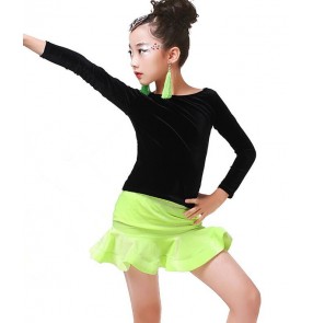 Girls kids child children baby neon green fuchsia black patchwork velvet long sleeves competition practice professional latin dance dresses set top and mermaid skirt 