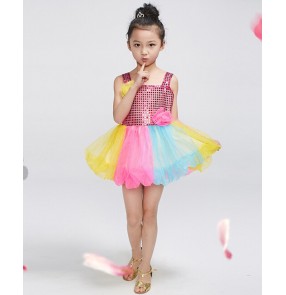 Girls kids child children baby paillette rainbow gold yellow blue pink sequin strap modern dance stage performance dresses jazz dance dresses costumes