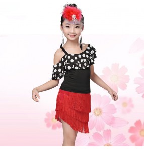 Girls kids child children baby sleeveless ruffles polka dot red fuchsia patchwork tassels inclined shoulder competition professional latin ballroom dance dresses 