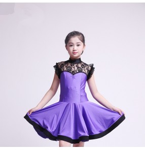 Girls kids child children baby violet black lace patchwork short sleeves turtle neck competition exercise latin ballroom dance dresses