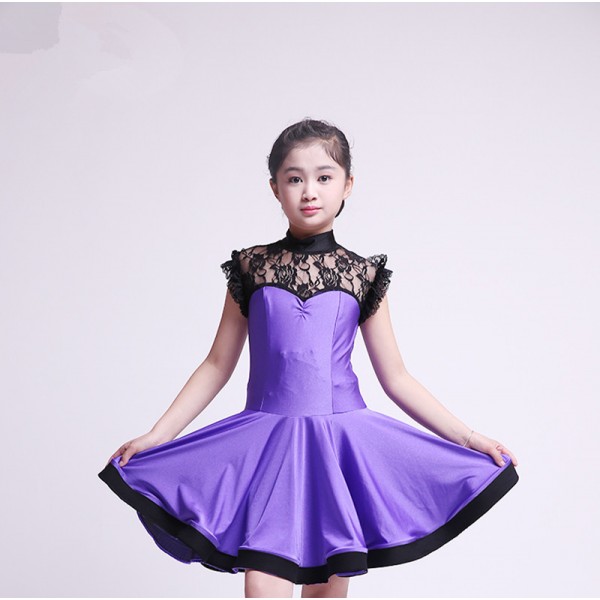 Girls Kids Child Children Baby Violet Black Lace Patchwork Short Sleeves Turtle Neck Competition Exercise Latin Ballroom Dance Dresses