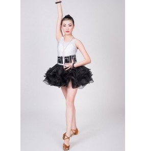 Girls kids child children baby white and black patchwork sleeveless rhinestones diamond professional competition latin dance ballroom dance dresses