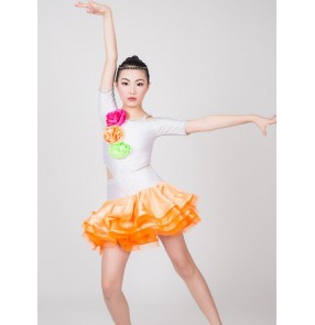 Girls kids child children baby white orange patchwork rhinestones rainbow color short sleeves competition professional latin ballrooms salsa dance dresses