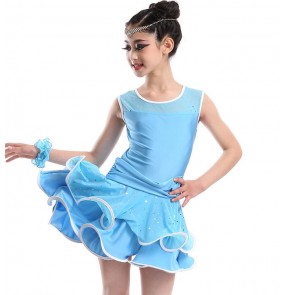 Girls kids child children  baby yellow sky blue black red Fuchsia sleeveless round neck sequins ruffles skirt competition latin dance dresses