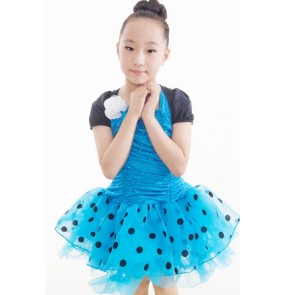 Girls kids child children black polka dot  blue and black patchwork sequins short sleeves competition professional exercises practice latin ballroom dance dresses 