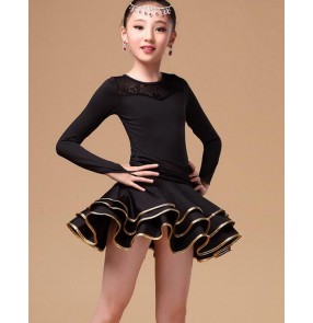 Girls kids child children fuchsia black red long sleeves exercises professional latin dance dresses
