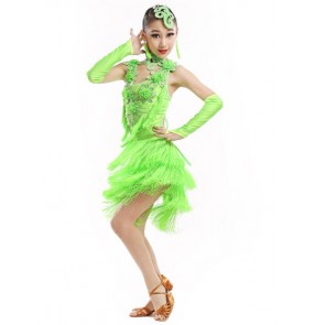 Girls kids child children green orange royal blue professional fringe latin dance dresses salsa cha cha dance dresses with gloves head wear choker