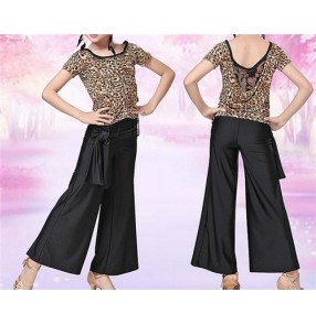 Girls kids child children leopard black patchwork  exercises practice ballroom latin dance dress set short sleeves top and long length pants