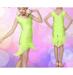 Girls kids child children neon green black red sleeveless back split hem tassels hem microfiber competition ballroom salsa samba latin dance dresses 