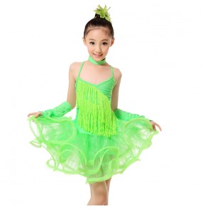 Girls kids child children neon green fringe strap backless fringe professional competition latin dance dresses salsa cha cha samba dance dresses with gloves