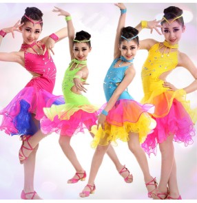 Girls kids child children rainbow color neon green yellow fuchsia turquoise backless ruffles skirt competition ballroom latin dance dresses