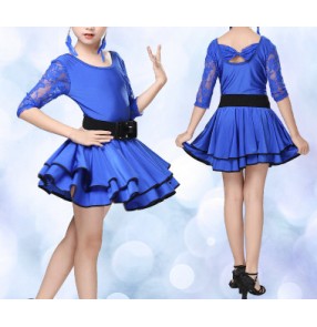 Girls kids child children royal blue violet black short lace sleeves competition ballroom latin dance dresses  with sahses