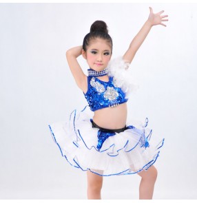 Girls kids child children royal blue white patchwork sleeveless sequins competition modern dance stage performance exercises jazz dj ds dance costumes dresses 