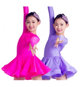 Girls kids child children violet neon green orange fuchsia long sleeves competition professional latin dance ballroom tango dance dresses 