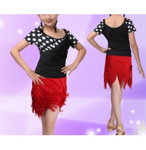 Girls kids child children white polka dot short sleeves top and tassels skirt competition exercises practice stage performance latin ballroom dance dresses set