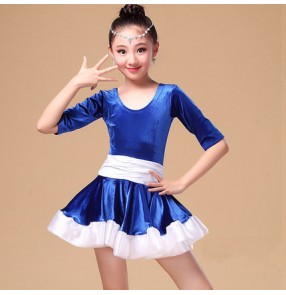  Girls kids child Royal blue and fuchsia and white patchwork short sleeves velvet short sleeves latin dance dresses salsa cha cha dance dresses