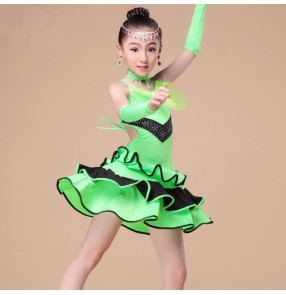 Girls kids children 110-155cm neon green fuchsia blue latin dance dress ballroom dance dress 110-150cm