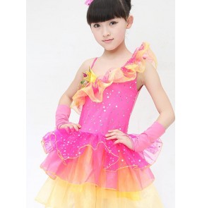 Girls kids children baby child rainbow fuchsia yellow sequined paillette modern dance stage performance jazz dance costumes dresses