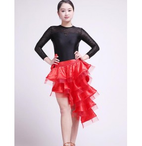 Girls kids children baby child red black white patchwork turtle neck long sleeves exercise competition latin dance dresses set top and skirt