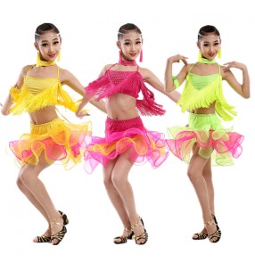 Girls kids children baby green fuchsia yellow rainbow ruffles sleeveless  tassels rhinestones strap backless competition professional latin dance dresses