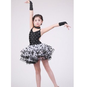 Girls kids children black polka dot rhinestones backless sleeveless with gloves competition  professional latin ballroom dance dresses costumes 110-160cm