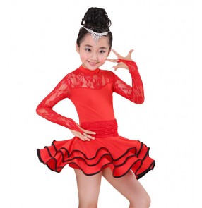 Girls kids children child baby fuchsia red blue long lace sleeve ruffles skirted competition exercises latin dance dresses salsa cha cha dance dress