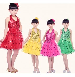 Girls kids children child baby fuchsia sequined paillette sleeveless halter backless flower modern dance stage performance costumes dresses dancewear