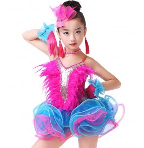 Girls kids children child baby fuchsia turquoise feather paillette sequined backless sleeveless competition professional latin ballroom salsa dance dresses costumes 110-170cm