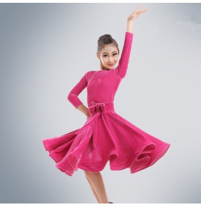 Girls kids children child baby fuchsia velvet long sleeves with sashes big skirted competition professional ballroom latin salsa cha cha dance dresses