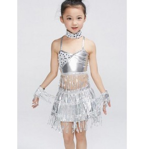 Girls kids children child Baby gold silver paillette sequin fringe tassels modern stage performance latin dance salsa samba costumes set top and skirt