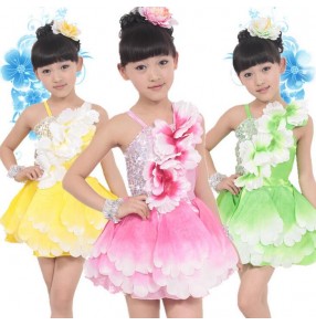 Girls kids children child baby gradient green fuchsia yellow flower strap sleeveless latin modern dance stage performance jazz dance dresses costumes