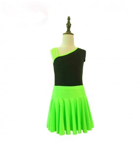 Girls kids children child baby neon green and black patchwork milk silk material sleeveless one shoulder latin dance dresses ballroom salsa dance dresses