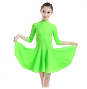 Girls kids children child baby neon green pink royal blue turtle neck middle long sleeves competition  exercises ballroom latin dance dresses