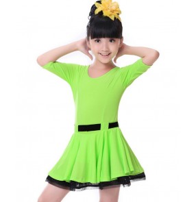 Girls kids children child baby neon green short sleeves exercises practice competition professional latin dance dresses 110-170cm