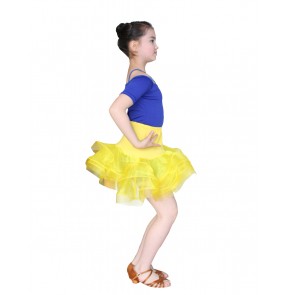 Girls kids children child baby royal blue and yellow black and fuchsia patchwork short sleeves ruffles skirt latin ballroom salsa dance dresses set top and skirt