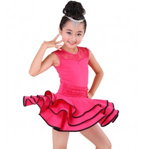 Girls kids children child baby royal blue fuchsia red sleeveless ruffles hem skirt competition exercises latin dance dresses