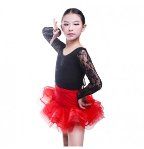 Girls kids children child black and red patchwork lace long sleeves back adjustable lace competition professional latin ballroom dance dresses