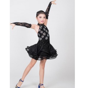 Girls kids children child black lace rhinestones backless with gloves halter neck competition ballroom exercises ballroom latin dance dresses