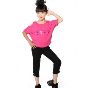 Girls kids children child fuchsia black white patchwork competition exercise practice jazz modern street dance hip hop dance costumes dress set