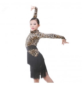Girls kids children child leopard print velvet black patchwork long sleeves tassels turtle competition professional ballroom dance dresses latin dance dresses