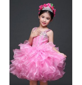  Girls kids children child pink rhinestone boat neck lace closure back modern stage performance dance dresses flower girls princess dresses 90-150cm 