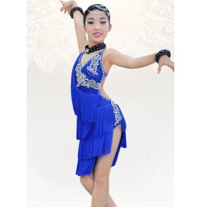 Girls kids children child rhinestone diamond violet  royal blue fuchsia neon green high quality backless professional competition latin dresses samba salsa chacha rumba dresses 